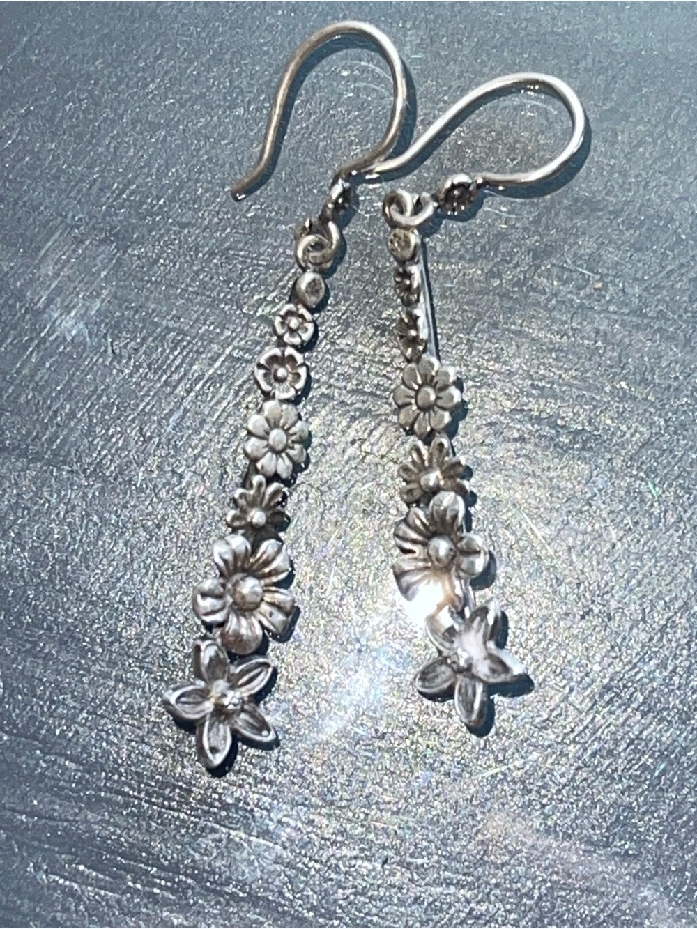 Silver Floral Drop Earrings - Dainty Flower Dangle Earrings - Picture 2 of 7